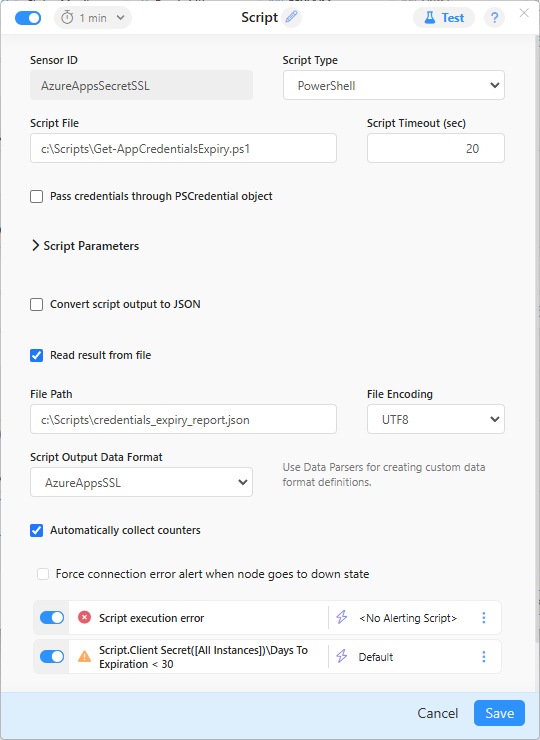 Script sensor settings