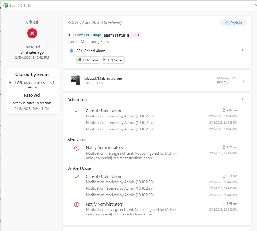 Alert actions escalation log