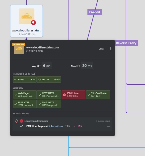 Service monitoring object displaying ICMP jitter, HTTP/REST checks, SSL monitoring, and an active packet loss alert.