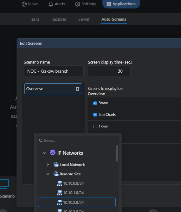 Auto-Screens scenario configuration enabling controlled rotation of focused, non-scrollable views for continuous operational awareness