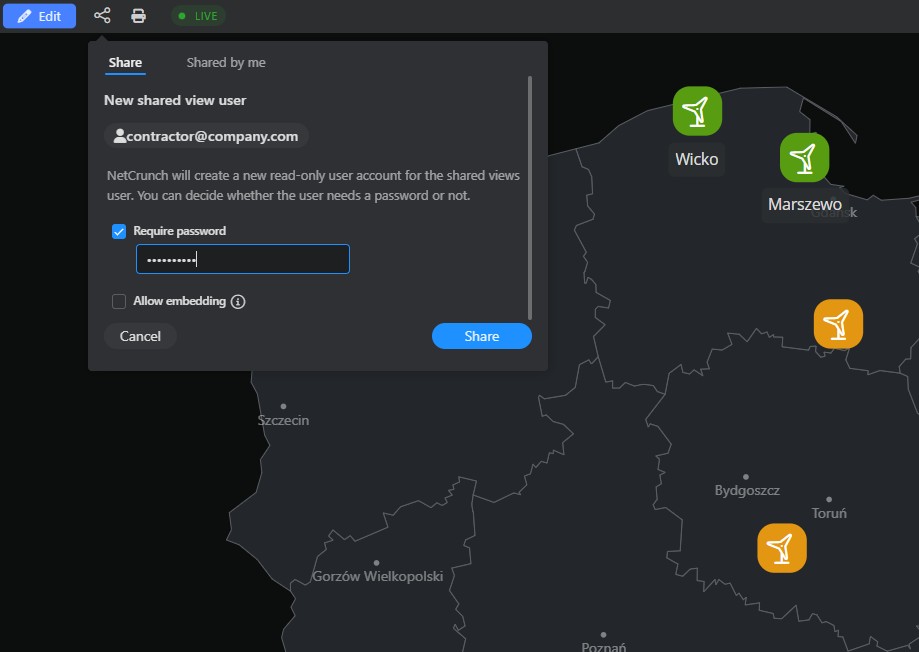 Geo view with live status overlays. Context answers “where” immediately. Sharing is scoped through a dedicated read-only link that can require a password and expire automatically