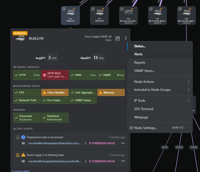 Topology as a navigation layer. Selecting a warning node reveals live monitoring packs, services, sensors, and active alerts in a single consolidated panel.