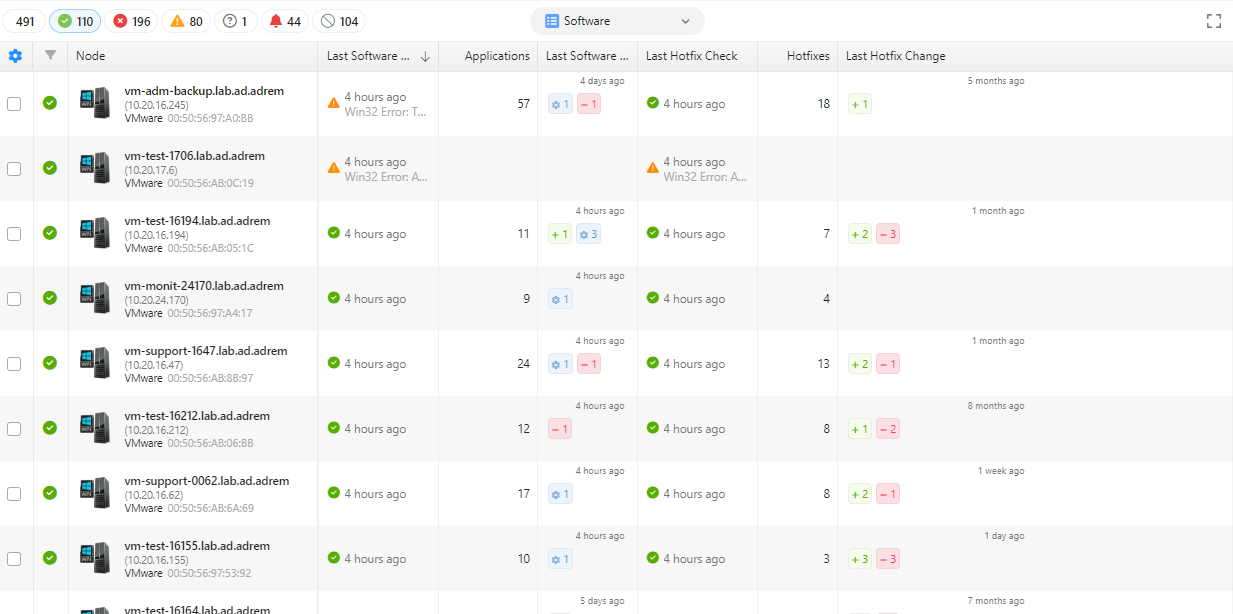 Software view on the Nodes tab