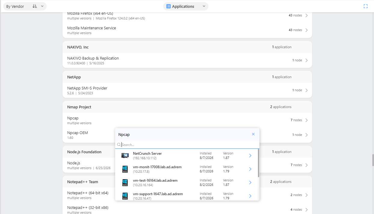 Applications grouped by vendor